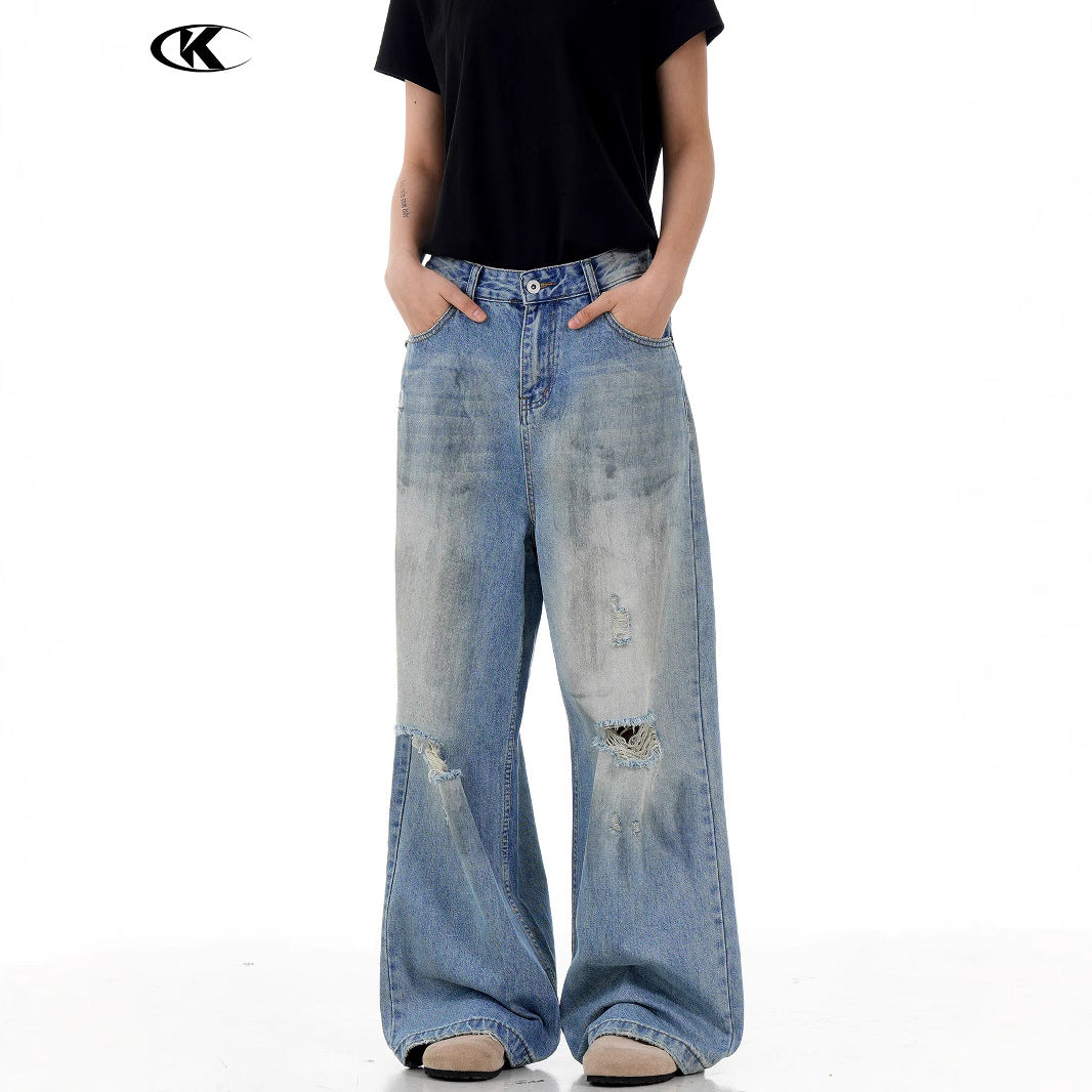 Faded Distressed Denim Pants for Men and Women | Streetwear Straight Loose Slim Fit