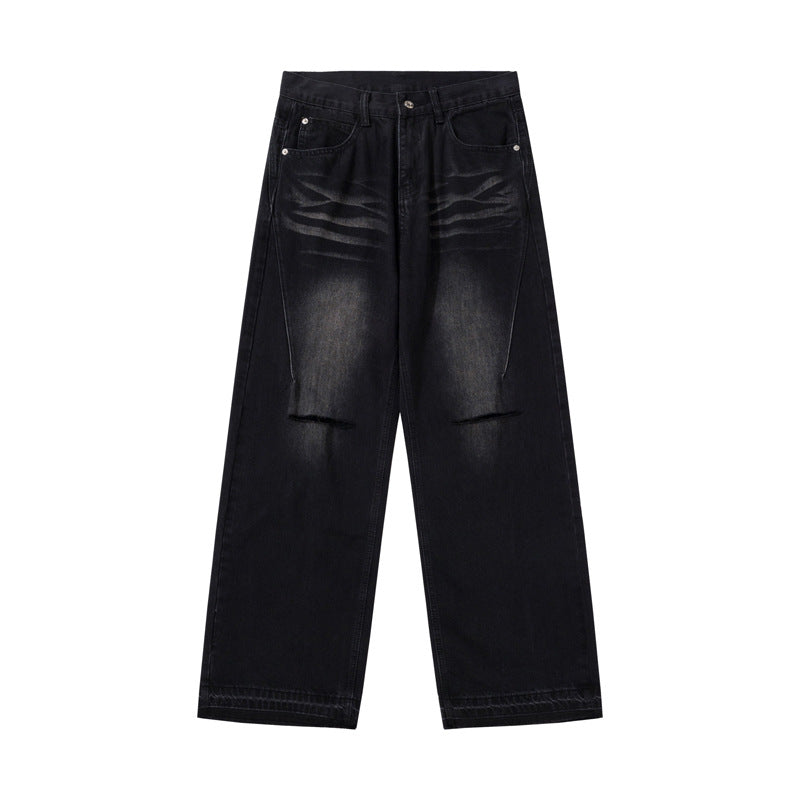 Street Water Washed Vintage Knife-Cut Distressed Denim Pants - Unisex Loose Straight Wide-Leg Long Trousers