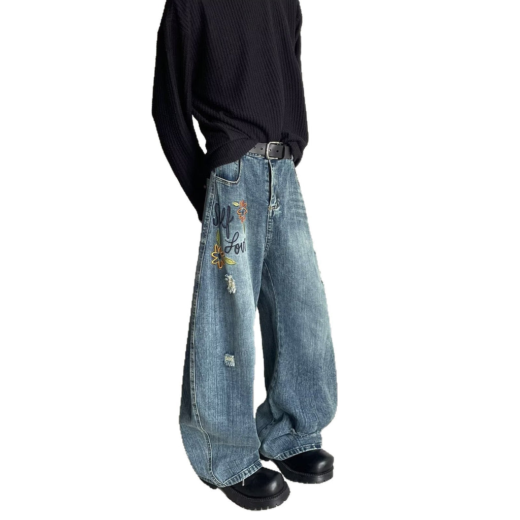 Flower Embroidery Curved Knife Denim Ripped Straight Tube Casual Pants