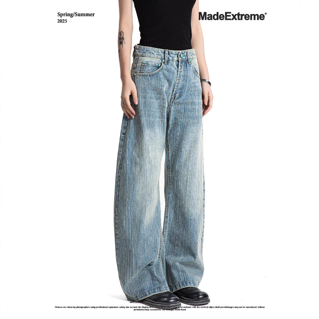 Washed Bamboo Slub Faded White Unisex Summer Loose Straight Denim Pants