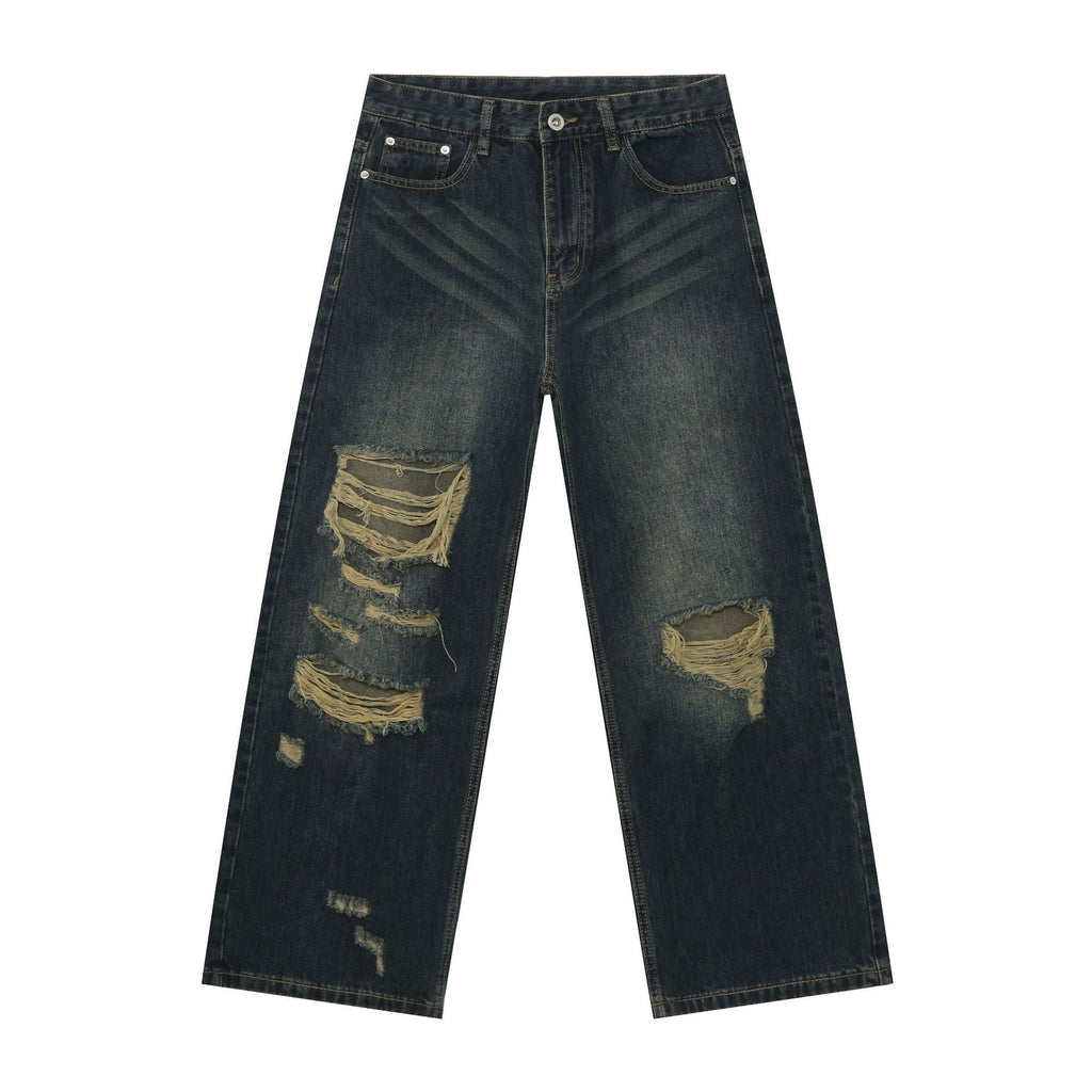 American High Street Retro Distressed Denim Trousers - Men's Straight Loose Wide-Leg Pants