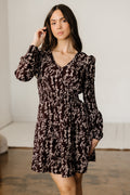 Brown Ditsy Floral Print Split Neck Long Sleeve Shirred Waist Flared Mini Dress