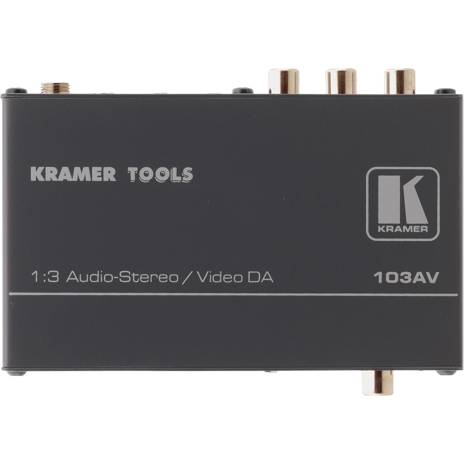 The Kramer 103AV Video Splitter is a high-performance distribution amplifier for composite video signals. It takes one input, provides correct buffering and isolation and distributes the signal to five identical outputs.