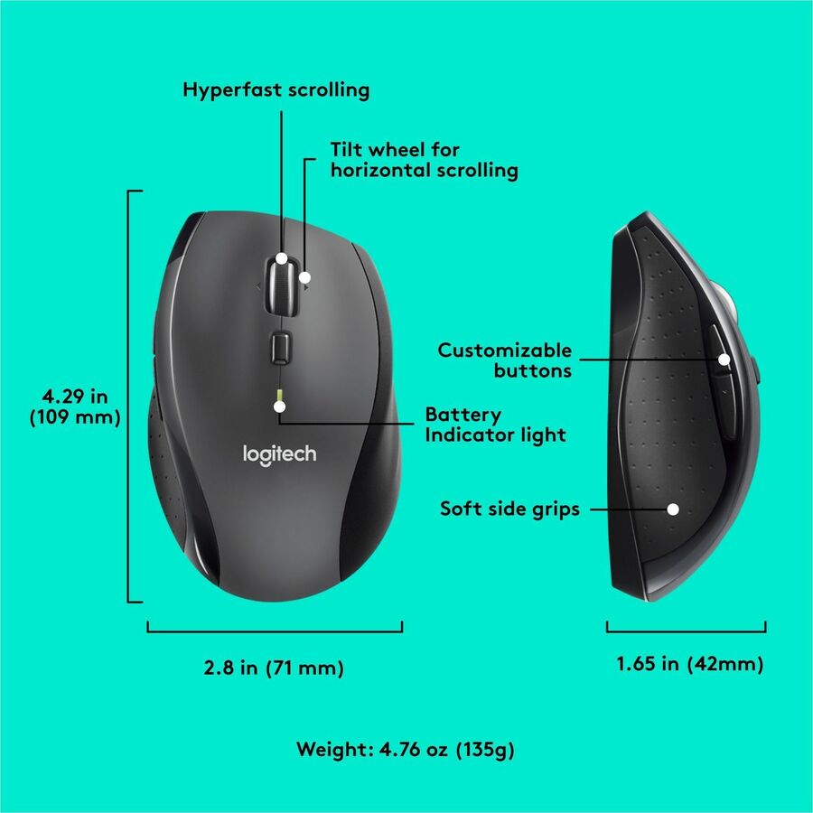 Logitech  Marathon Mouse M705 lets you power on... and on. It uses less than half the power of comparable mice, so you'll go up to three full years between battery changes