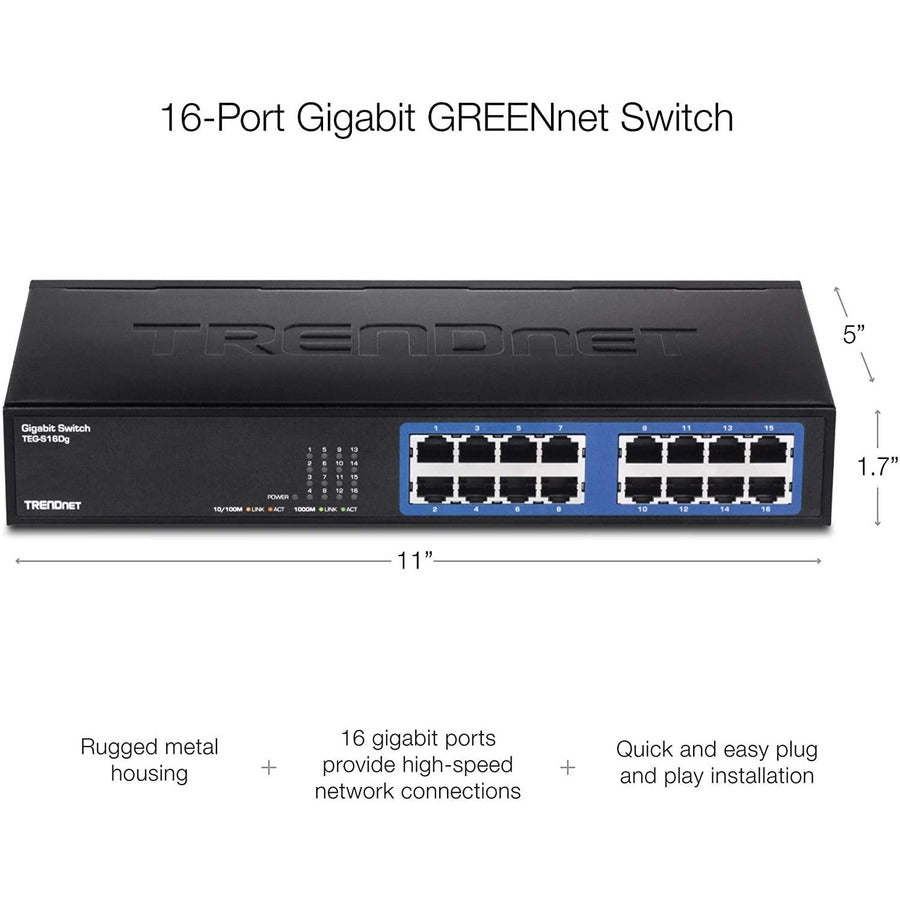 TRENDnet 16 port Gigabit GREENnet Swtch, 10/100/1000Base-T, 11", 16 x Gigabit Ethernet Network