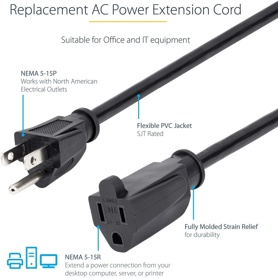 This 10foot Computer Power Cord Extension Cable extends existing power connections by 10ft enabling you to use PCs or other powered devices at a greater distance from the power source outlet.