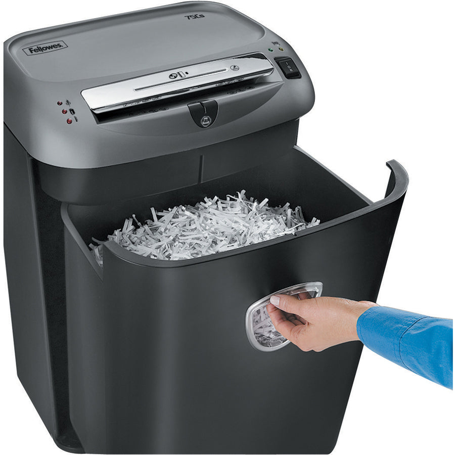 Fellowes Powershred 75Cs Cross-Cut Shredder can shred up to 12 sheets of paper per pass into 397 (5/32" x 1-1/2" Security Level P-4) cross-cut particles, 0.156 in, Silver