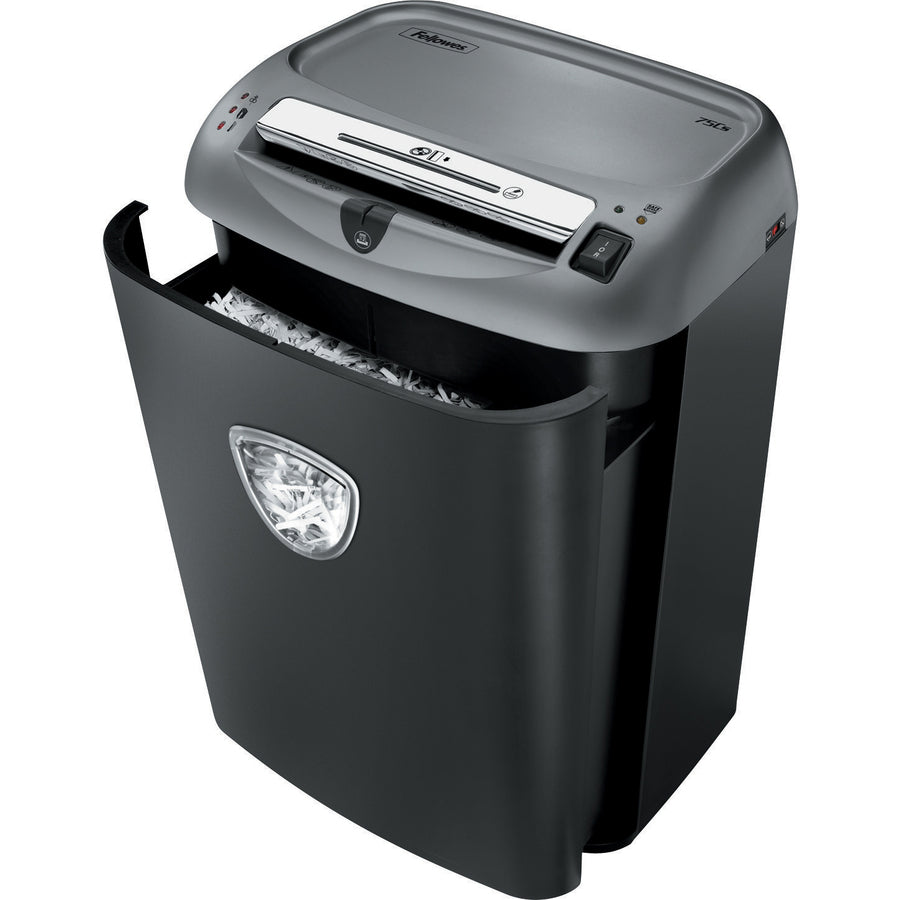 Fellowes Powershred 75Cs Cross-Cut Shredder can shred up to 12 sheets of paper per pass into 397 (5/32" x 1-1/2" Security Level P-4) cross-cut particles, 0.156 in, Silver