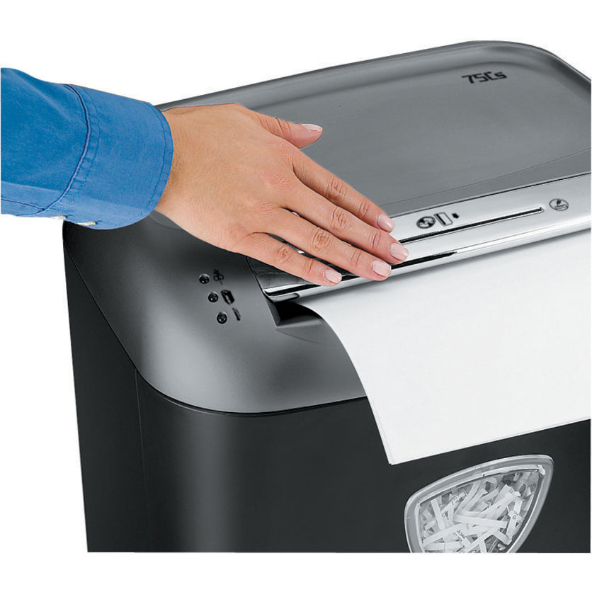 Fellowes Powershred 75Cs Cross-Cut Shredder can shred up to 12 sheets of paper per pass into 397 (5/32" x 1-1/2" Security Level P-4) cross-cut particles, 0.156 in, Silver