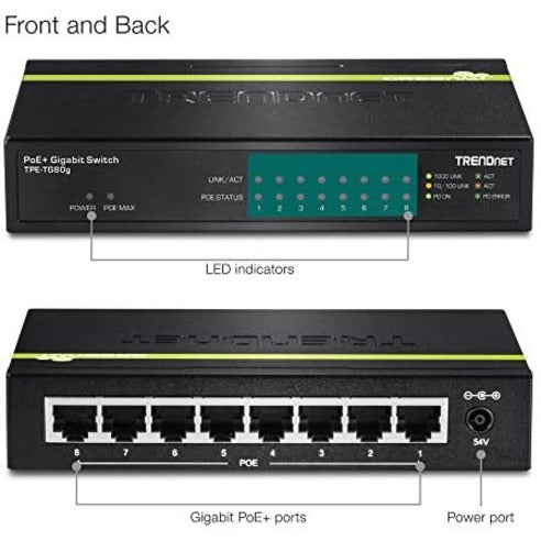TRENDnet 8-Port Gigabit PoE+ Switch, TPE-TG80G, 8 x Gigabit PoE+ Ports, 123W PoE Power Budget, 16 Gbps, Ethernet Splitter, NDAA & TAA Compliant, Metal, Lifetime