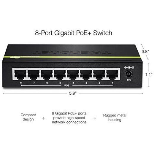 TRENDnet 8-Port Gigabit PoE+ Switch, TPE-TG80G, 8 x Gigabit PoE+ Ports, 123W PoE Power Budget, 16 Gbps, Ethernet Splitter, NDAA & TAA Compliant, Metal, Lifetime