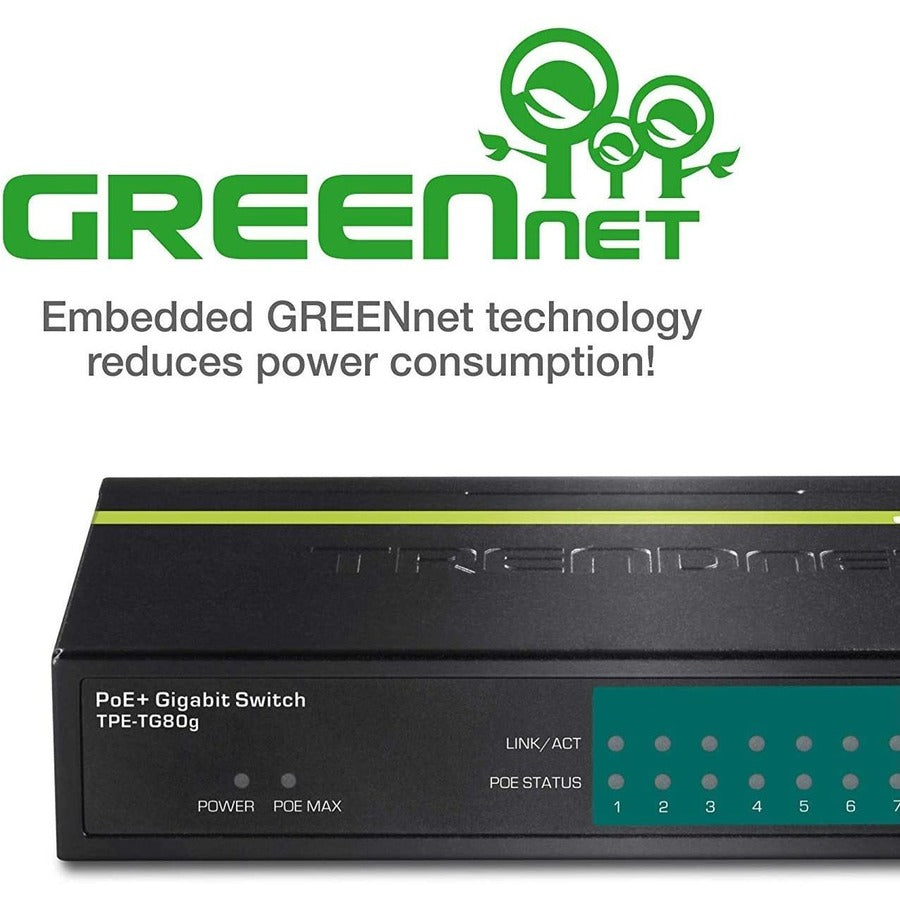 TRENDnet 8-Port Gigabit PoE+ Switch, TPE-TG80G, 8 x Gigabit PoE+ Ports, 123W PoE Power Budget, 16 Gbps, Ethernet Splitter, NDAA & TAA Compliant, Metal, Lifetime