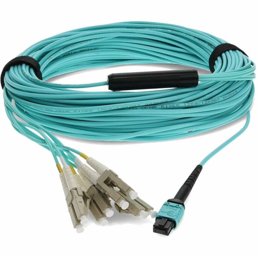 AddOn 20m MPO (Female) to 8xLC (Male) 8-Strand Aqua OM3 Fiber Fanout Cable