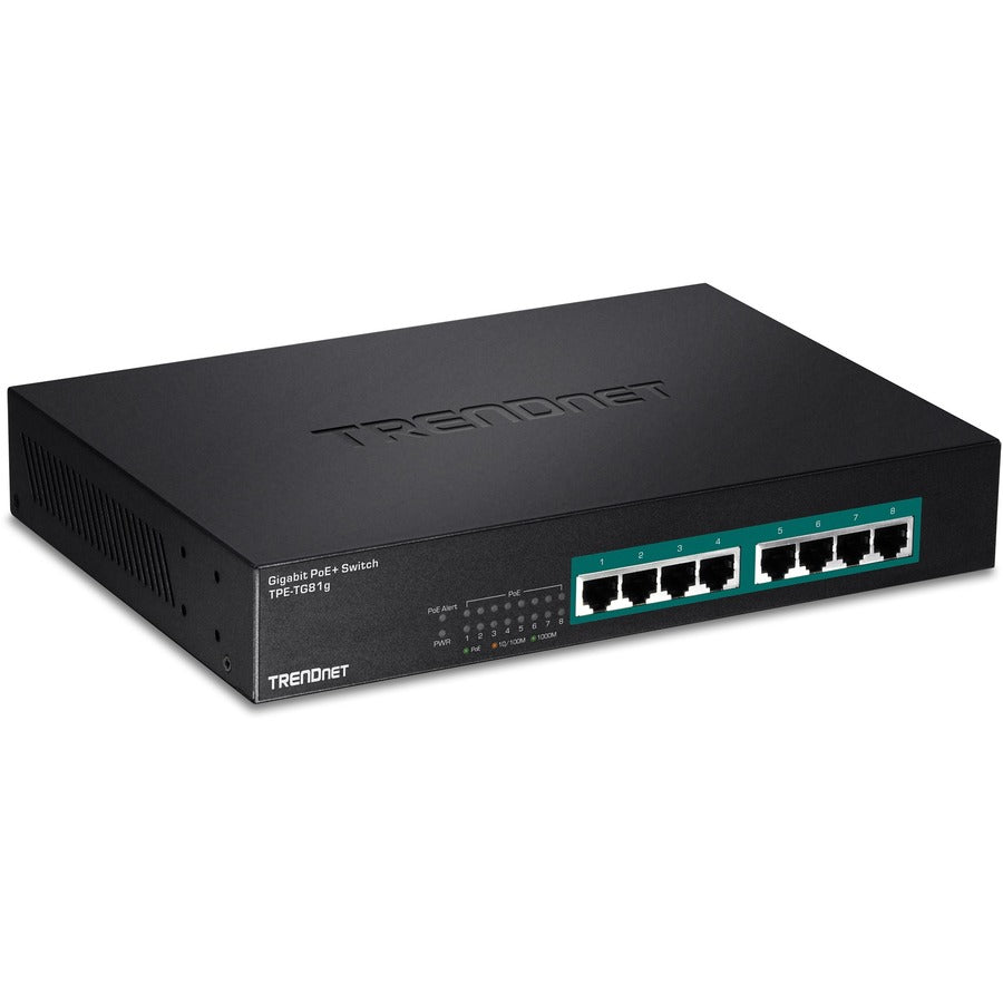 TRENDnet 8-Port Gigabit GREENnet PoE+ Switch, TPE-TG81g, 8 x Gigabit PoE+ Ports, Rack Mountable, Up to 30 W Per Port with 110 W Total Power Budget, Ethernet Network Switch, Metal, Lifetime Protection