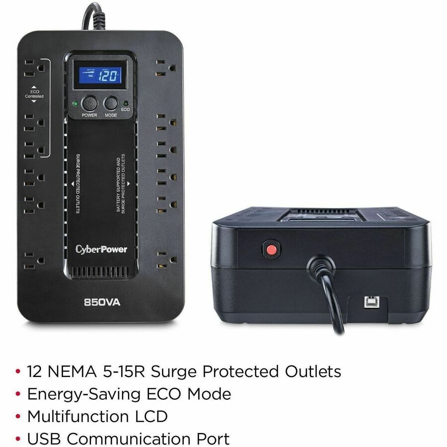 CyberPower EC850LCD Ecologic UPS Systems, Black, 5 ft. cord, USB