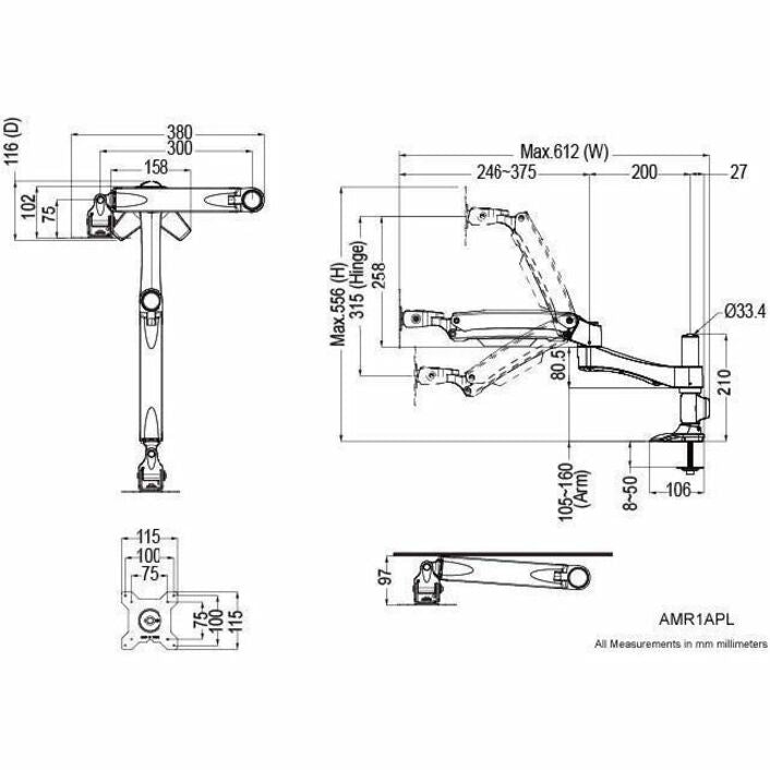 Amer Mounts Long Articulating Monitor Arm with Grommet Base for 15"-26" LCD/LED Screens