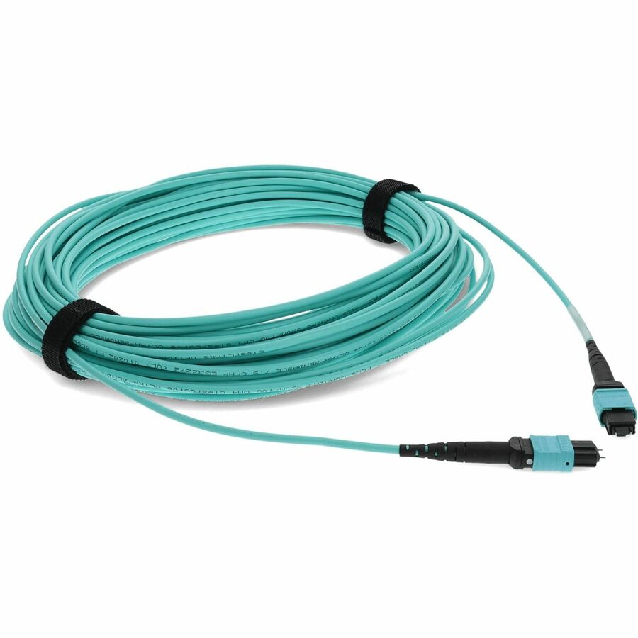 AddOn 30m MPO (Male) to MPO (Male) 12-Strand Aqua OM3 Crossover Fiber OFNR (Riser-Rated) Patch Cable