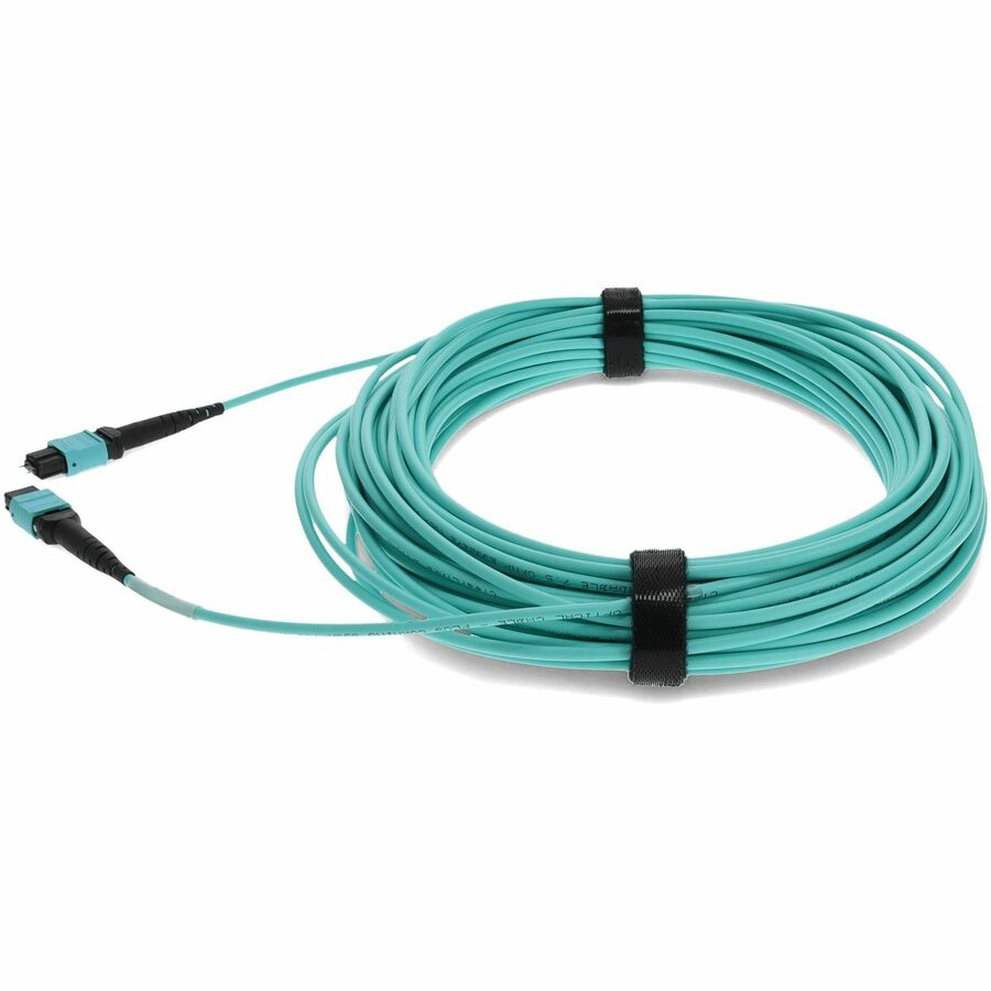 AddOn 30m MPO (Male) to MPO (Male) 12-Strand Aqua OM3 Crossover Fiber OFNR (Riser-Rated) Patch Cable