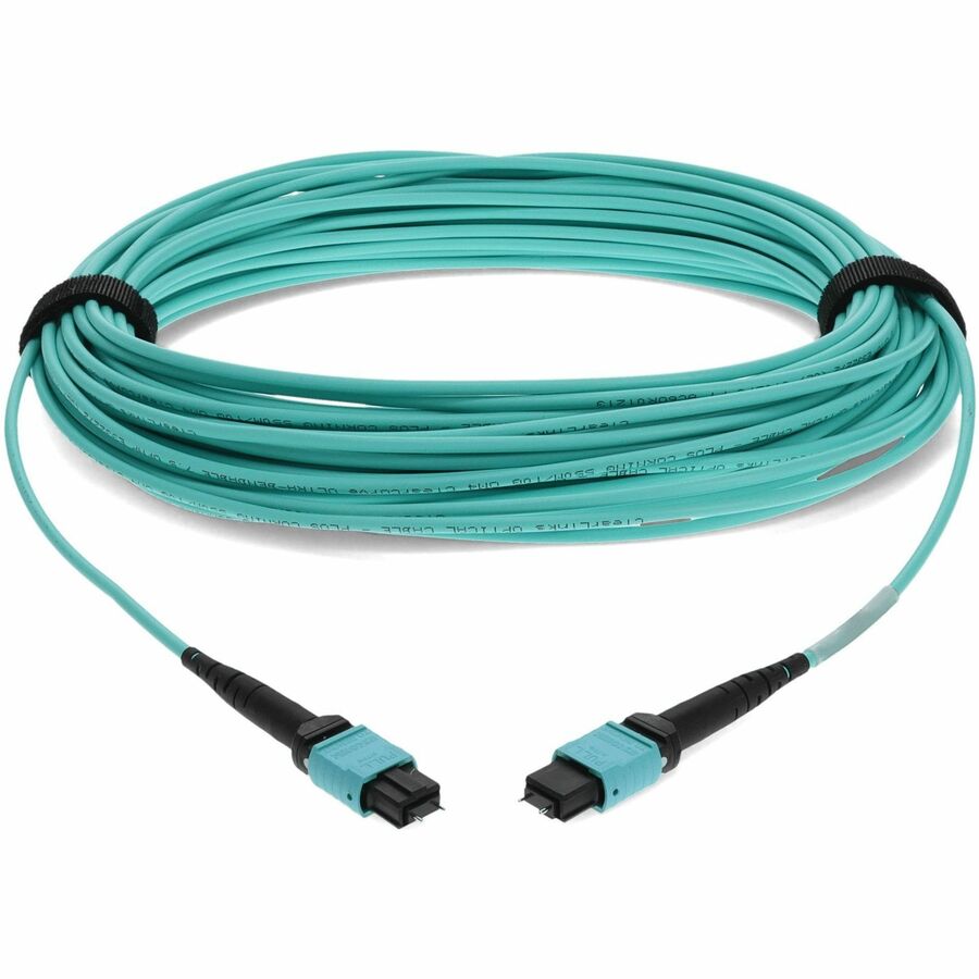 AddOn 30m MPO (Male) to MPO (Male) 12-Strand Aqua OM3 Crossover Fiber OFNR (Riser-Rated) Patch Cable