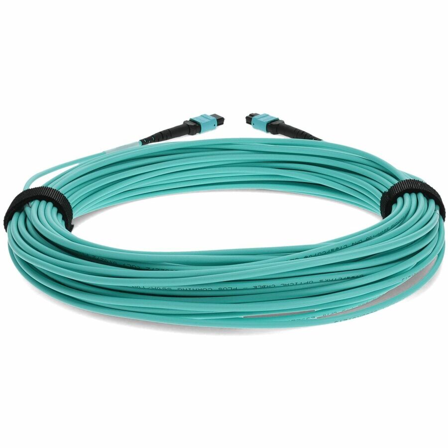 AddOn 30m MPO (Male) to MPO (Male) 12-Strand Aqua OM3 Crossover Fiber OFNR (Riser-Rated) Patch Cable