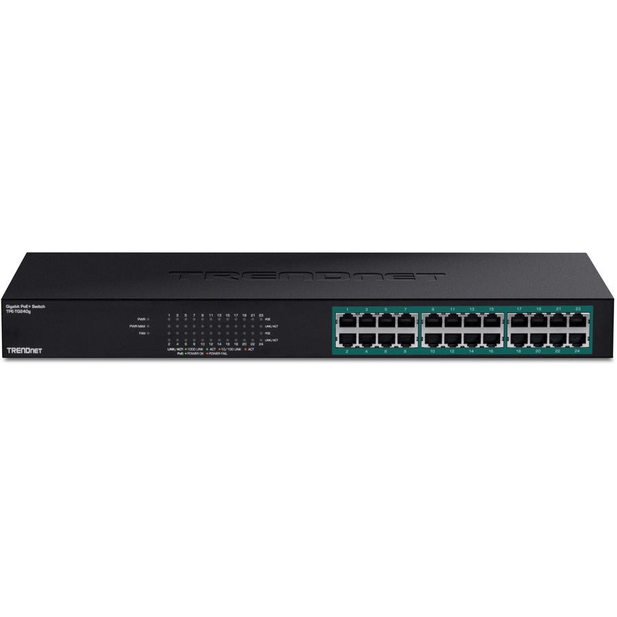 TRENDnet 24-Port Gigabit PoE+ Switch, 24 x Gigabit PoE+ Ports, 370W Power Budget, 48Gbps Switch Capacity, RackMount Kit Included, Ethernet Network Switch, Metal, Lifetime Protection, Black, TPE-TG240G