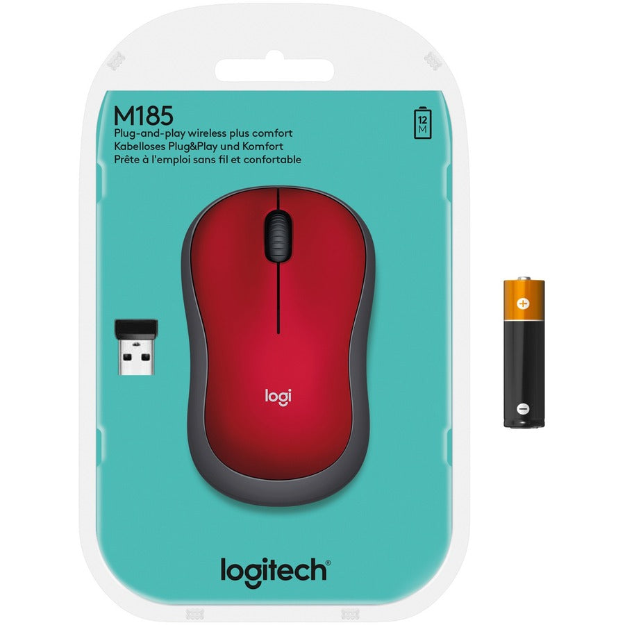 Logitech M185 Wireless Mouse, 2.4GHz with USB Mini Receiver, 12-Month Battery Life, 1000 DPI Optical Tracking, Ambidextrous, Compatible with PC, Mac, Laptop (Red)