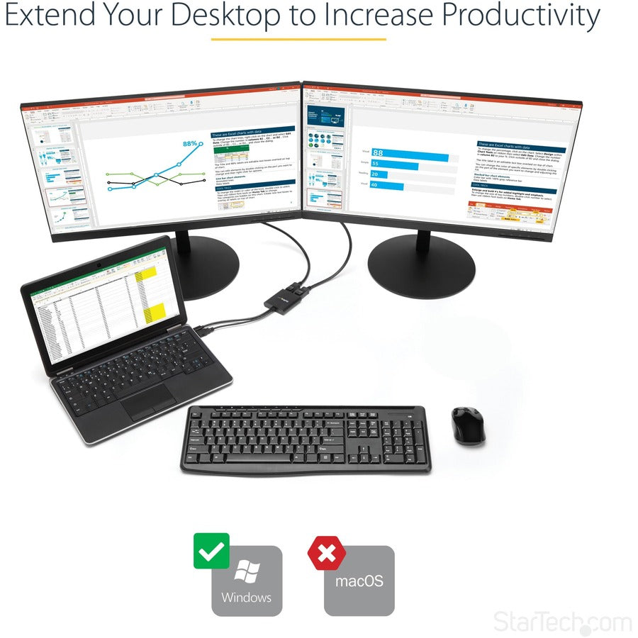StarTech.com 2-Port Multi Monitor Adapter, Mini DisplayPort to DP MST Hub, Dual 4K 30Hz, Video Splitter for Extended Desktop Mode, Windows