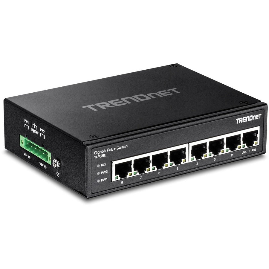 TRENDnet 8-Port Hardened Industrial Gigabit PoE+ DIN-Rail Switch. TRENDnet's TI-PG80 is a reliable IP30 unmanaged PoE+ DIN-rail switch with hardened components rated for extreme industrial environments., 1000Base-T, Ethernet