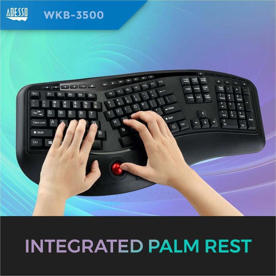 Adesso 2.4 GHz Wireless Ergonomic Trackball Keyboard