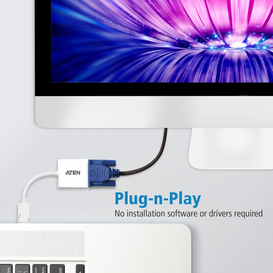 Aten DisplayPort to VGA Adapter - DisplayPort/VGA for Notebook, Video Device, TV - 1 Pack - 1 x DisplayPort Male Digital Audio/Video - 1 x