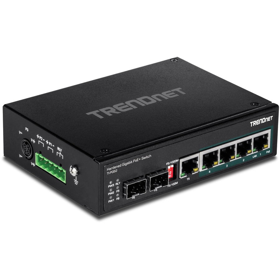 TRENDnet 6-Port Hardened Industrial Gigabit PoE+ DIN-Rail Switch, 4 x Gigabit PoE+ Ports, Shared Gigabit Port (RJ-45/SFP), Dedicated SFP, 120W Power Budget, IP30, Lifetime Protection,