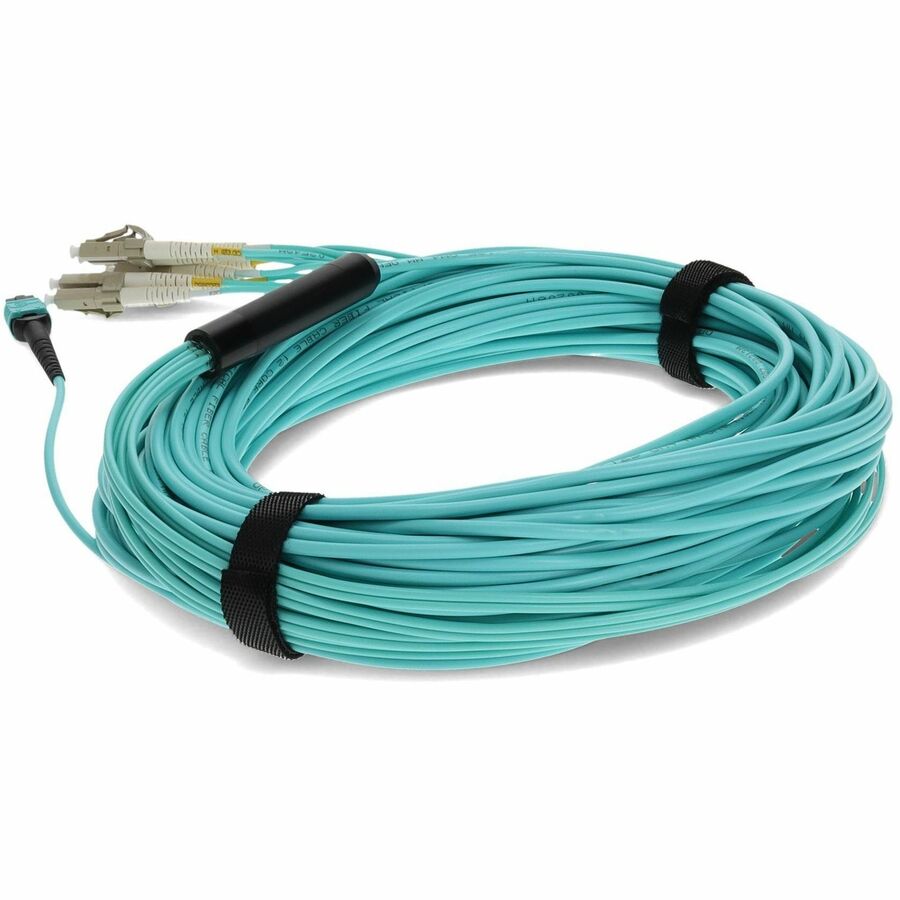 AddOn 40m MPO (Female) to 8xLC (Male) 8-Strand Aqua OM4 Fiber Fanout Cable
