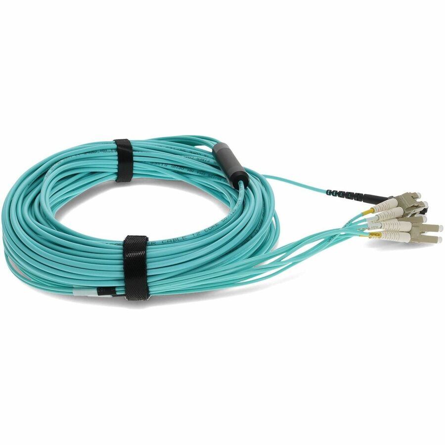 AddOn 40m MPO (Female) to 8xLC (Male) 8-Strand Aqua OM4 Fiber Fanout Cable