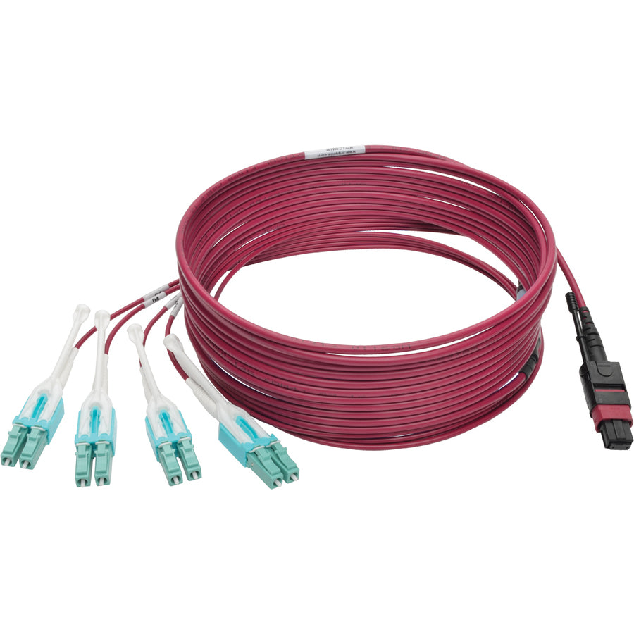 Eaton Tripp Lite Series 40G MTP/MPO to 4xLC Fan-Out OM4 Plenum-Rated Fiber Optic Cable, 40GBASE-SR4, Push/Pull Tabs, Magenta, 5 m