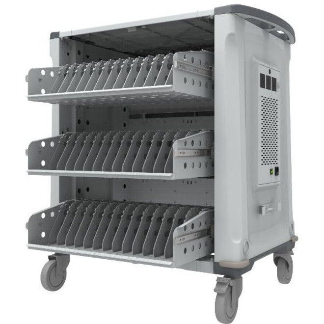 Rocstor Volt&reg; C42 Charging Cart with Intelligent Power Charging - Up to 42 Device Intelligent Power Charging Cart for Notebooks, Chromebook&reg;, MacBook&reg;, and Macbook&reg; Pro- 3 Slide-out shelves - Push Handle - 4 Heavy Duty 5" Casters - Steel C