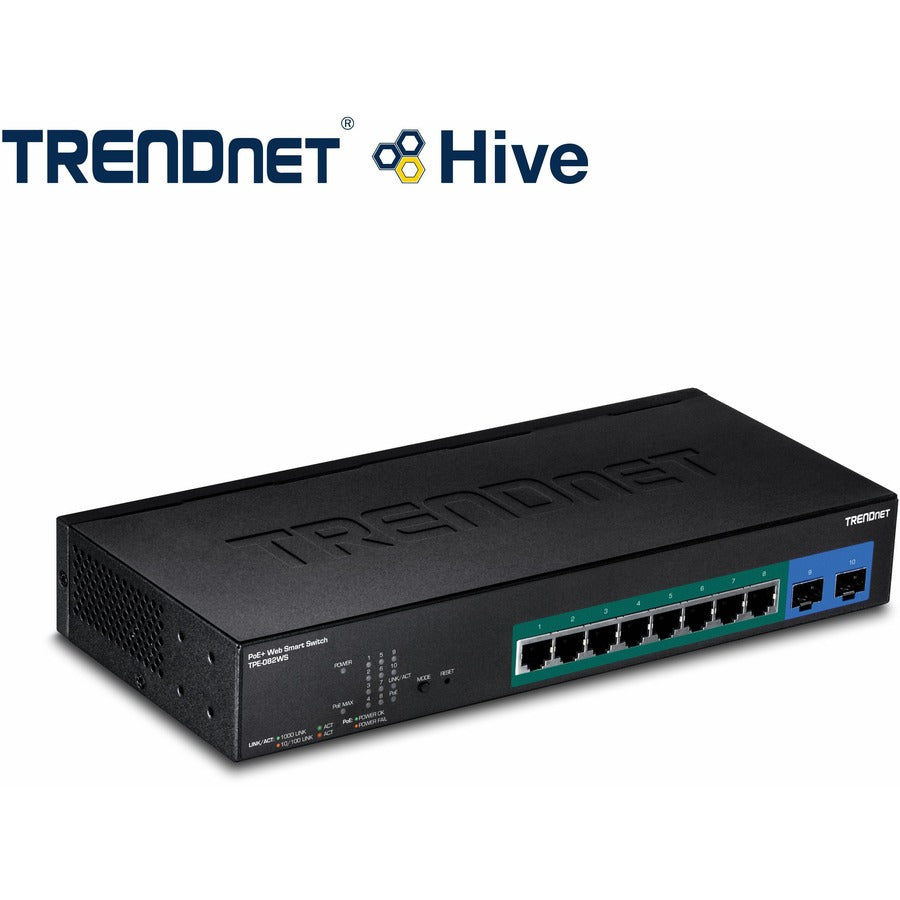 TRENDnet 10-Port Gigabit Web Smart PoE+ Switch, 8 x Gigabit PoE+ Ports, 2 x SFP Slots, Vlan, QoS, IPv6 Support, 20Gbps Switching Capacity, 75W PoE