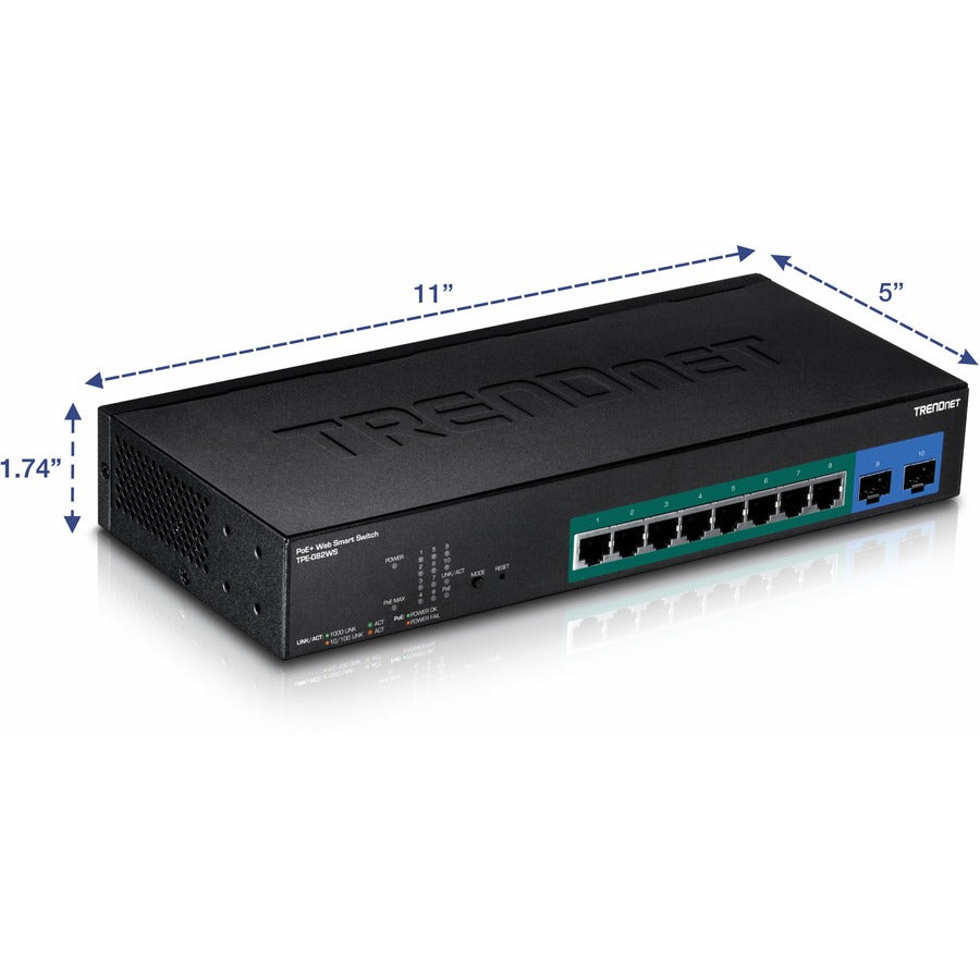 TRENDnet 10-Port Gigabit Web Smart PoE+ Switch, 8 x Gigabit PoE+ Ports, 2 x SFP Slots, Vlan, QoS, IPv6 Support, 20Gbps Switching Capacity, 75W PoE
