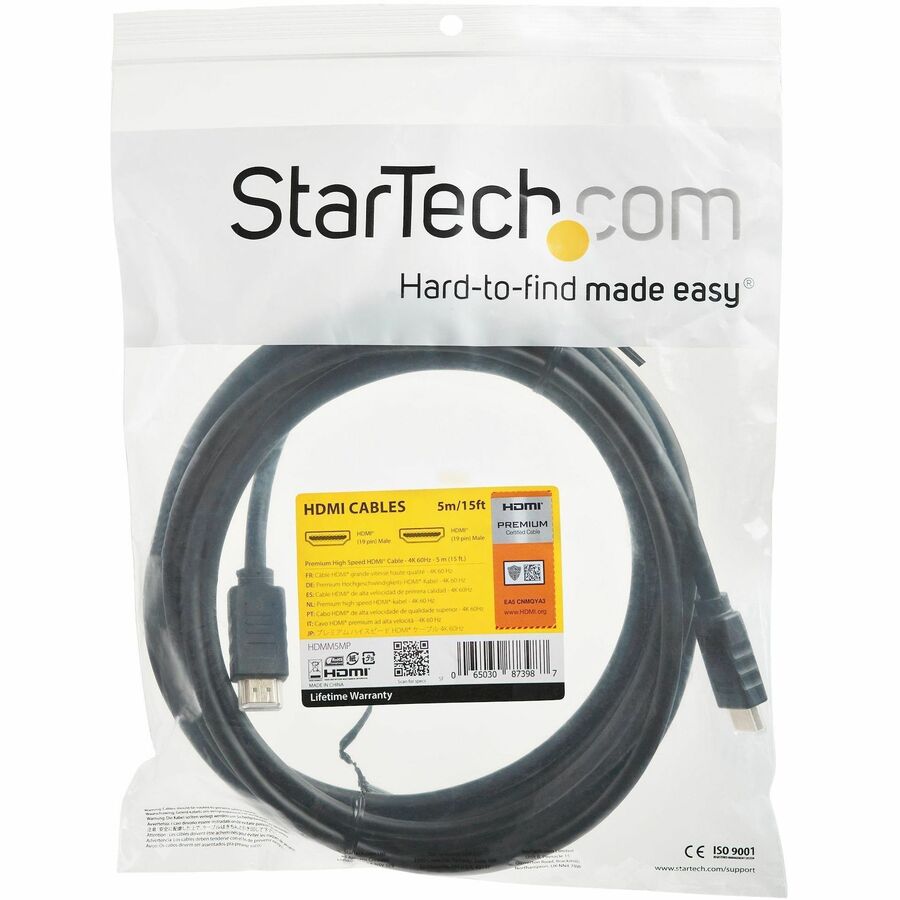 StarTech.com 15ft (5m) Premium Certified HDMI 2.0 Cable with Ethernet, High Speed Ultra HD 4K 60Hz HDMI Cable HDR10, UHD HDMI Monitor Cord
