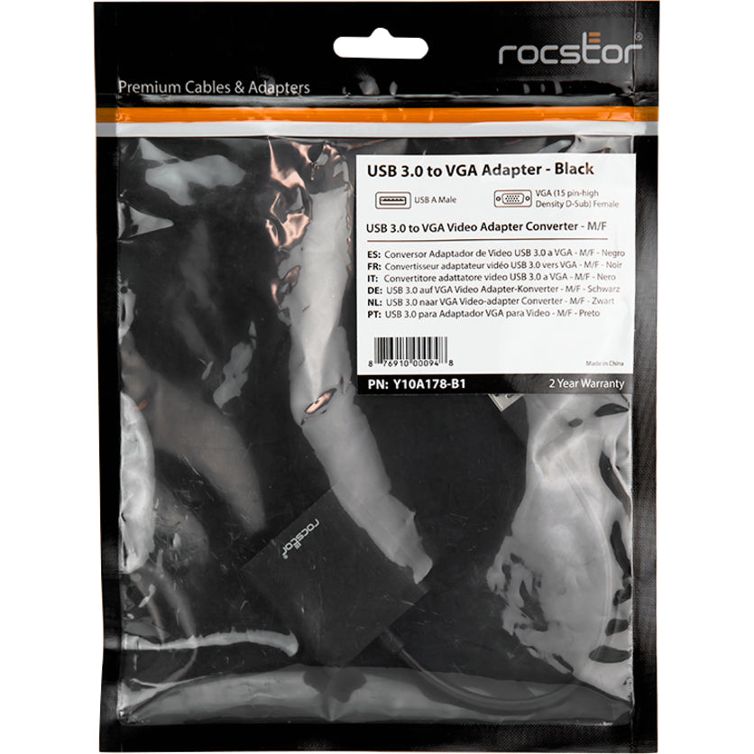 Rocstor Premium USB to VGA Adapter - USB 3.0 to VGA External USB Video Graphics Adapter for PC - Resolutions up to 1920x1200 1080p- 1x USB 3.0 Type A Male, 1 x VGA Female - 6" - Black - Compatible with PC USB GRAPHICS CARD ADAPTER