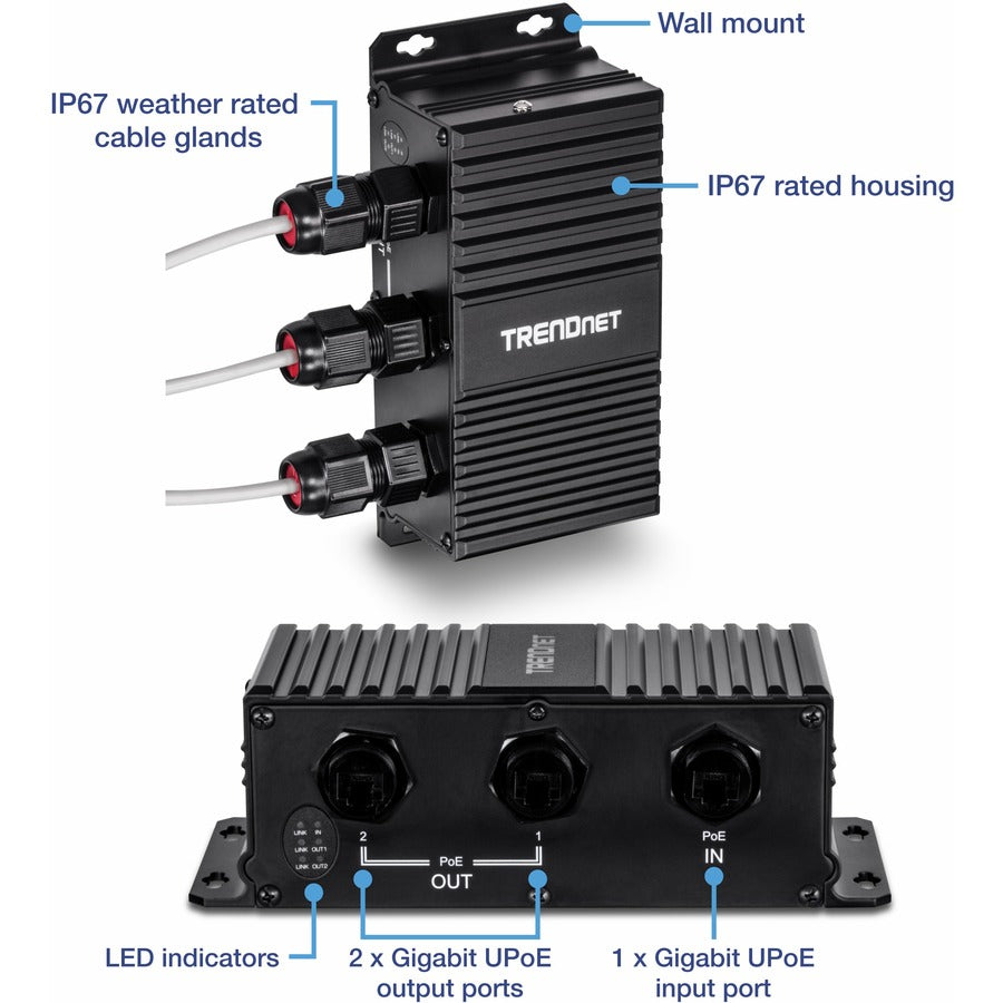 TRENDnet 2-Port Industrial Outdoor Gigabit UPoE Extender, Extends 100m- Total Distance Up to 200m (656'), Supports PoE (15.4W), PoE+(30W), UPoE(60W), IP67 Housing, TI-EU120