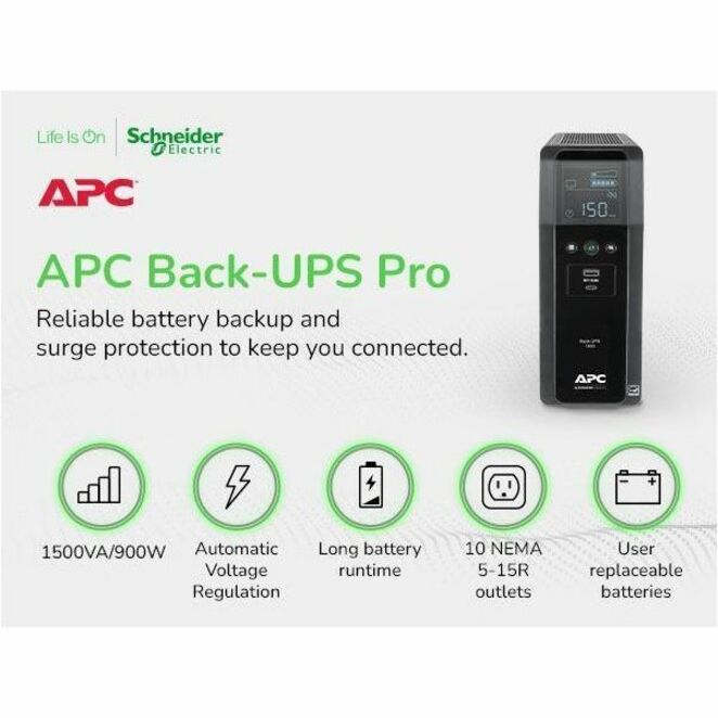 APC Back-UPS Pro, 1500VA, Tower, 120V, 10 NEMA 5-15R outlets, LCD, 1 USB Type C + 1 USB Type A ports