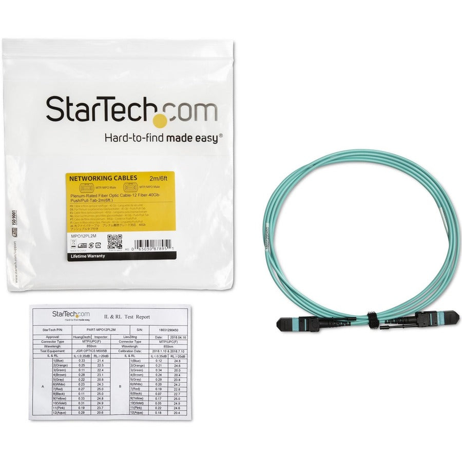 StarTech.com 2m (6ft) MTP(F)/PC OM3 Multimode Fiber Optic Cable, OFNP Plenum, 50/125µm, 40G, Low Insertion Loss, MPO Fiber Jumper Cord