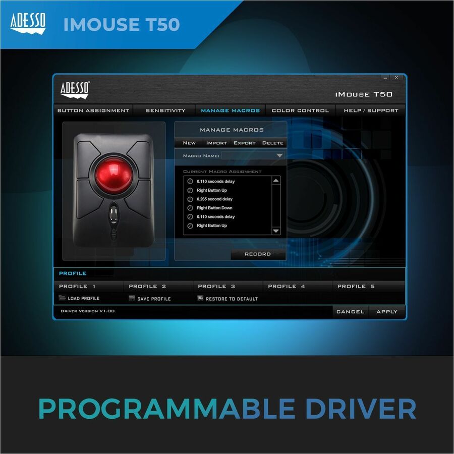 Adesso iMouse T50 - Wireless Programmable Ergonomic Trackball Mouse