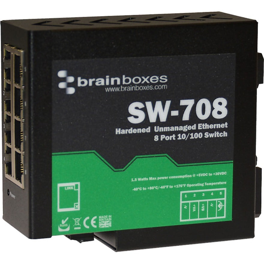 Brainboxes Hardened Industrial Ethernet 8 Port Switch DIN Rail Mountable