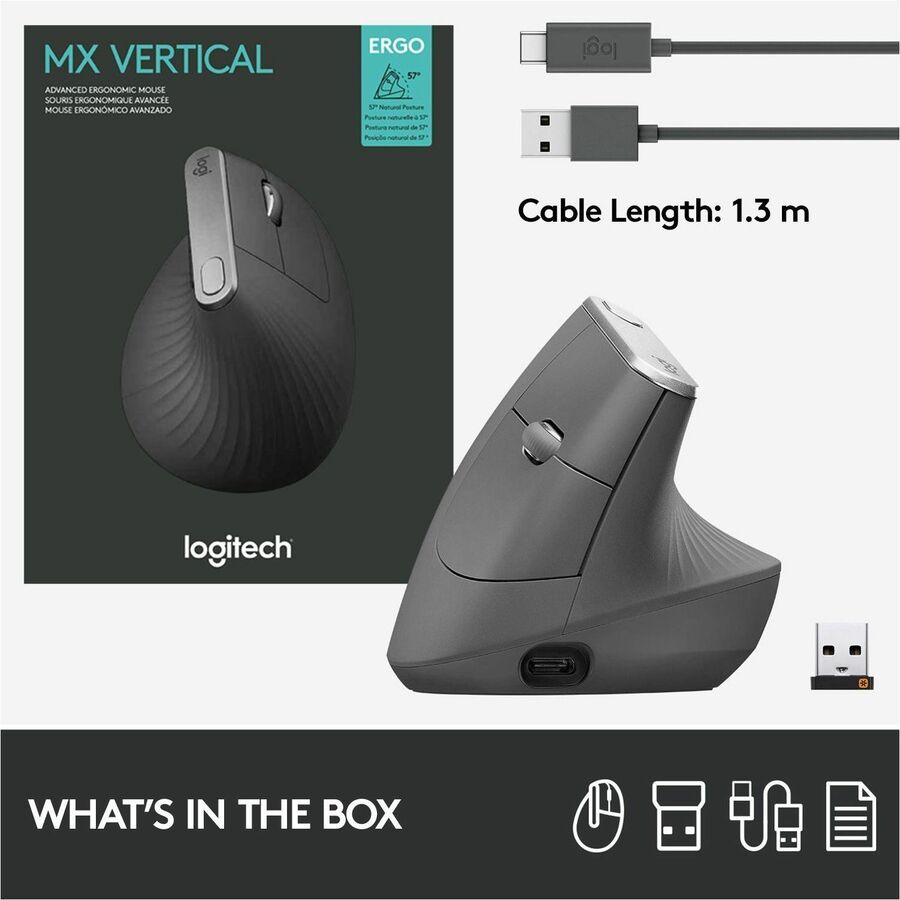 Logitech MX Vertical Wireless Mouse - Ergonomic Design Reduces Muscle Strain, Rechargeable, Graphite