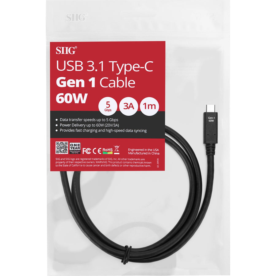 SIIG USB 3.1 Type-C Gen 1 Cable 60W - 1M