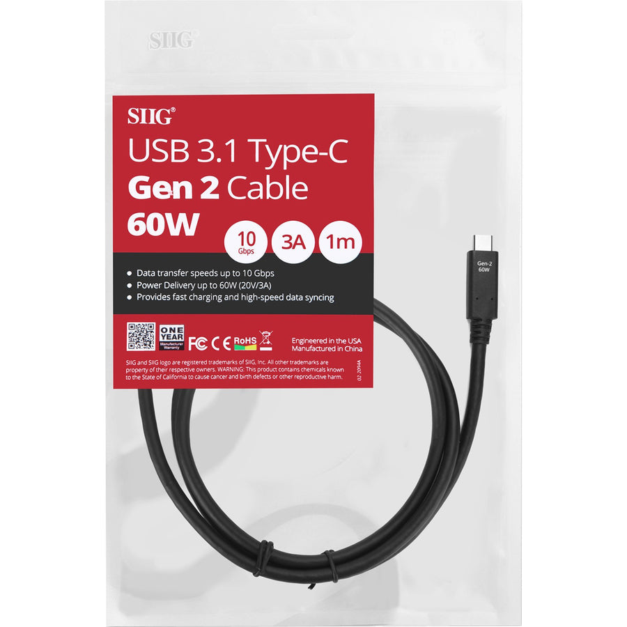 SIIG USB 3.1 Type-C Gen 2 Cable 60W - 1M