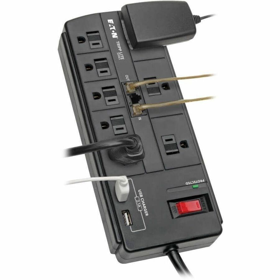 Eaton Tripp Lite Series 8-Outlet Surge Protector with 2 USB Ports (2.1A Shared) - 8 ft. (2.43 m) Cord, 1200 Joules, Tel/Modem, Black
