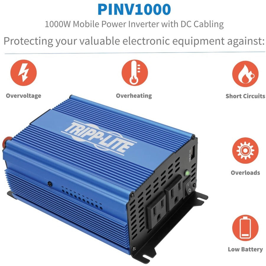 Eaton Tripp Lite Series 1000W Light-Duty Compact Power Inverter with 2 AC/1 USB - 2.0A/Battery Cables, Mobile