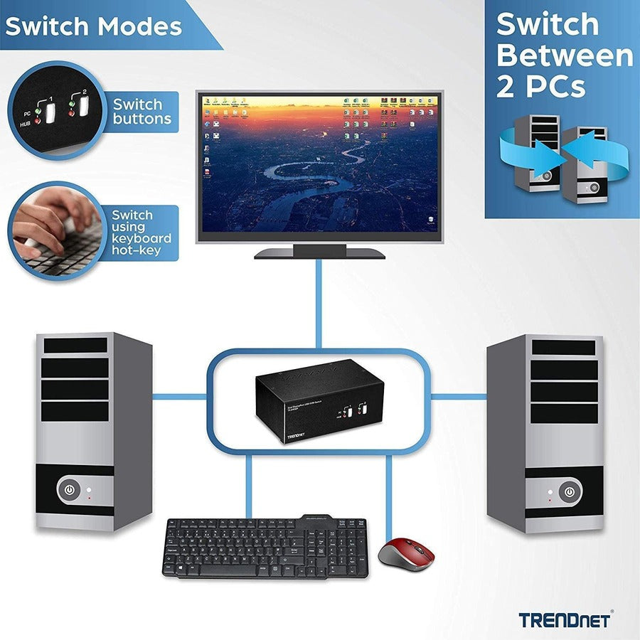TRENDnet 2-Port Dual Monitor DisplayPort KVM Switch With Audio, 2-Port USB 2.0 Hub, 4K UHD Resolutions Up To 3840 x 2160, Connect Two DisplayPort Monitors, Dual Monitor KVM Switch, Black, TK-240DP